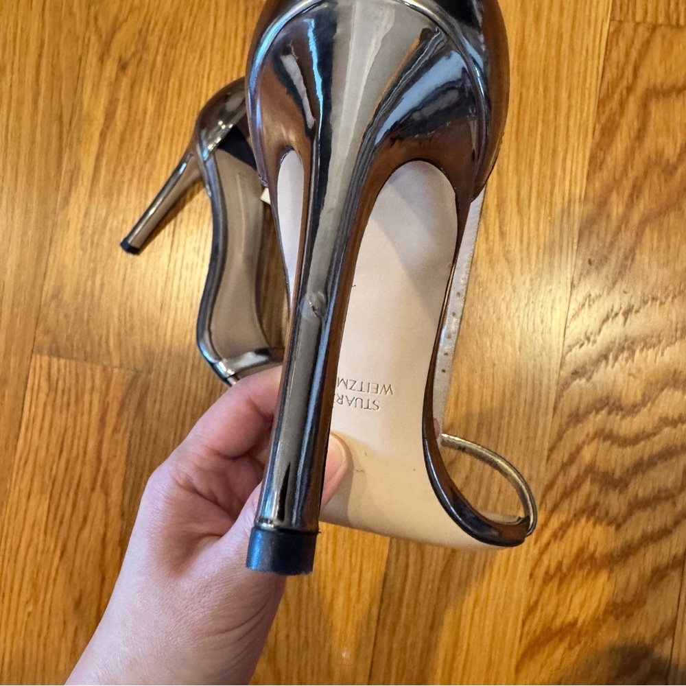 Stuart Weitzman Nudistsong Pewter Bronze Ankle Strap 4 Inch Sandal Heels 6 - Picture 7 of 11